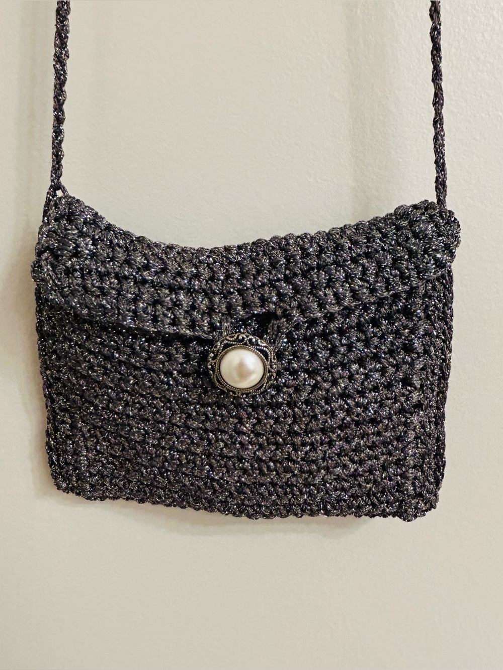 Vintage 1990s Handmade Metallic Crochet Crossbody Minibag Boho/Hippie/Festival